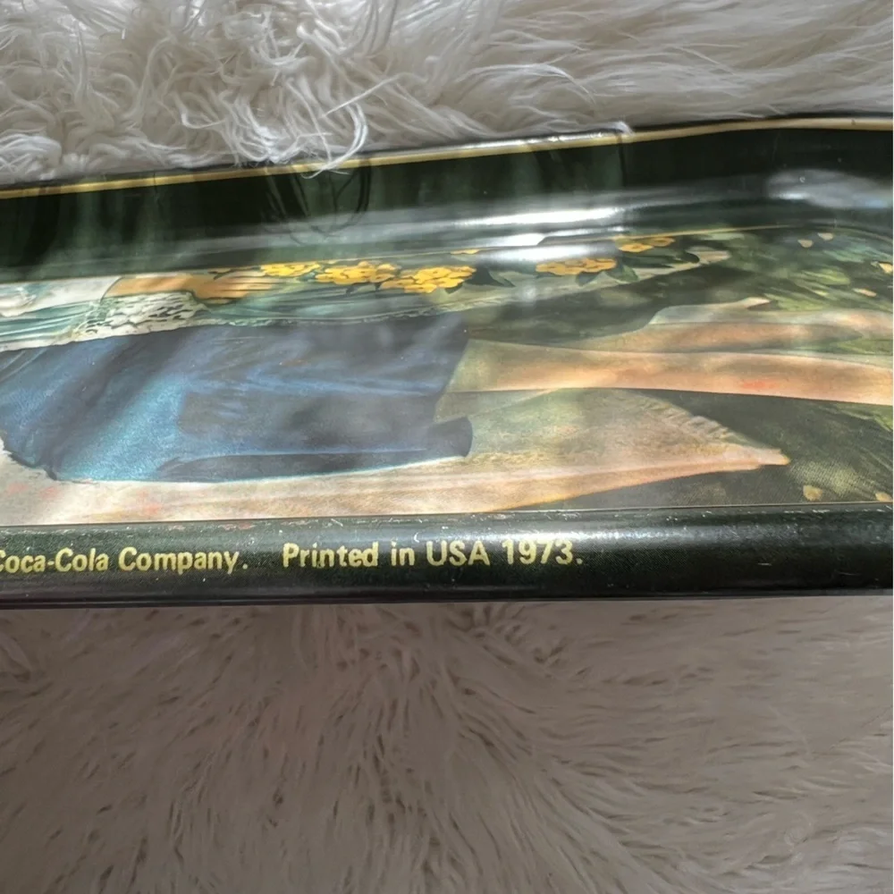 1973 Coke Tray Coca Cola Vintage Tin Rolling Serving Long Woman Glass Blue Hat